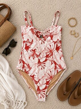 NWT Old Navy Tropical One Piece Swimsuit Medium Orange White Palm Print Resort